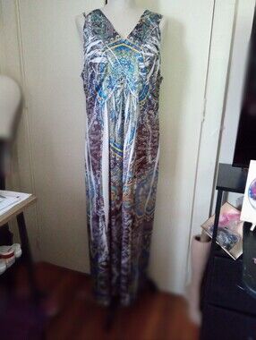 Style & Co. Maxi Dress in Teal, Blue & Gold Print with Tiny Sparkling Accents 2X